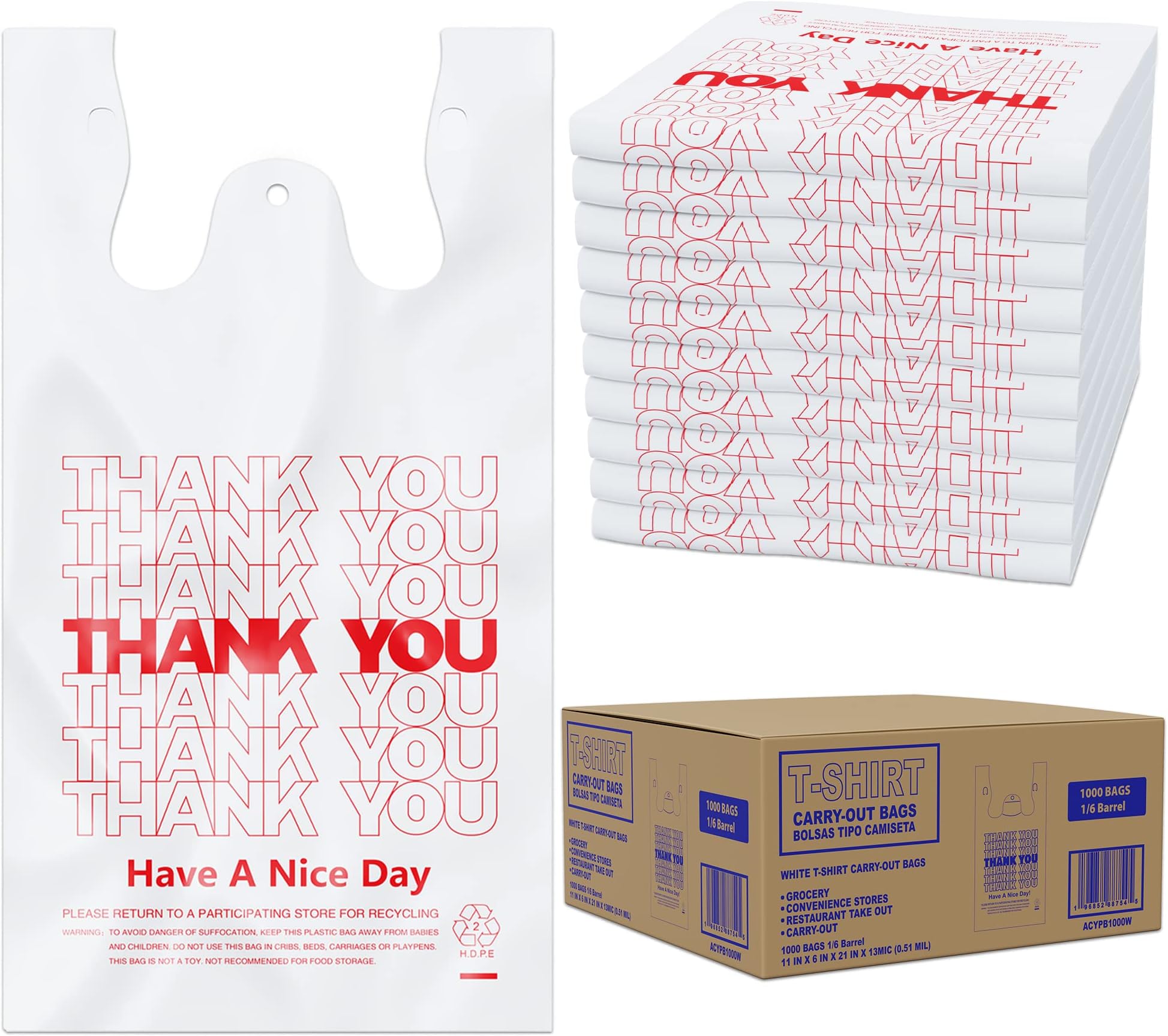 - ACYPAPER, Thank You T-Shirt Bags (1000 Count), Plastic - T-Shirt Plastic Bags in Bulk - (11" x 6" x 21") White/Thank You - Bulk Shopping Bags, Restaurant Bag - 1/6 Barrel