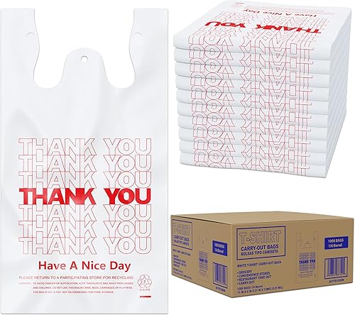 ACYPAPER, Thank You - Bolsas para camisetas (1000 unidades), plástico – Bolsas de plástico para camisetas a granel – (11 x 6 x 21 pulgadas)