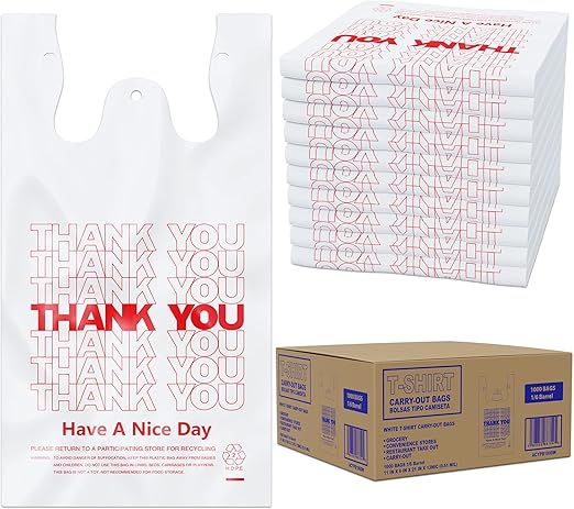 ACYPAPER, Thank You T-Shirt Bags (1000 Count), Plastic - T-Shirt Plastic Bags in Bulk - (11" x 6" x 21") White/Thank You - Bulk Shopping Bags, Restaurant Bag - 1/6 Barrel