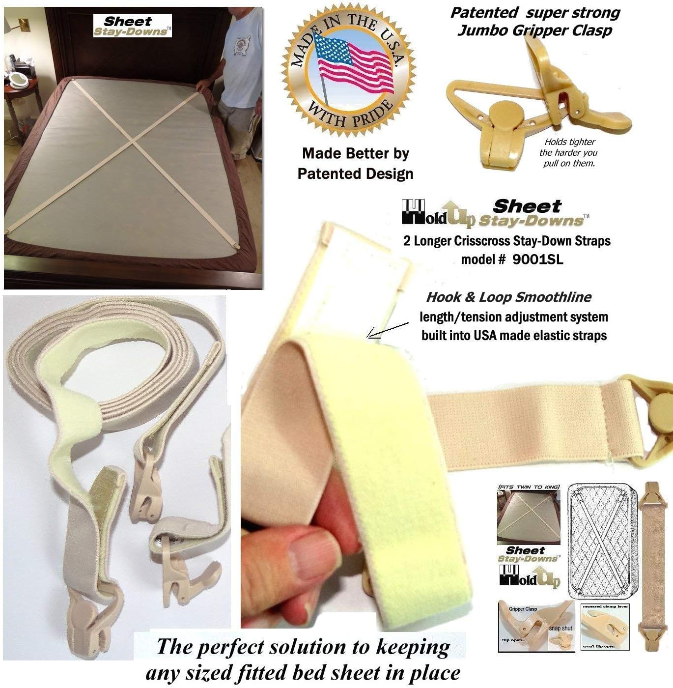Hold-Up Brand Crisscross Fitted Sheet Strap Stay-Downs with US Patented Gripper Clasps