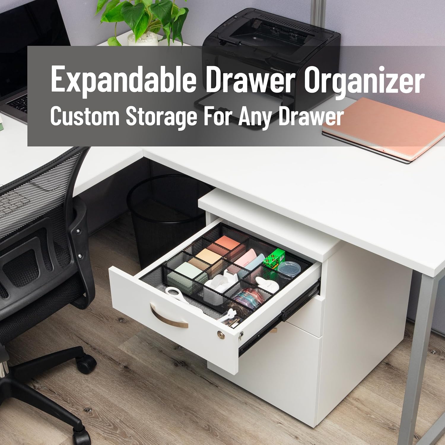 Mind Reader Expandable Mesh Desk Drawer Organizer, Adjustable from 9.25" to 17.125", Office Supply Storage Tray, Makeup Organizer, Black