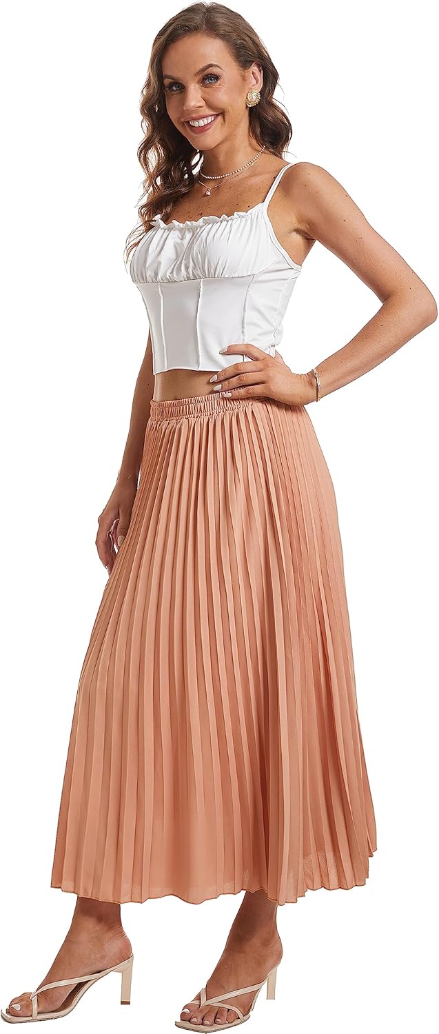 Womens Elastic High Waist Long Pleated Skirt Tiered Boho Swing A line Beach Maxi Skirt - Image 2
