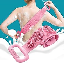 BeeDuck Silicone Body Back Scrubber Double Side Bathing Brush for Skin Deep Cleaning Massage, Dead Skin Removal Exfoliating Belt for Shower, Easy to Clean for Men & Women (Pink)