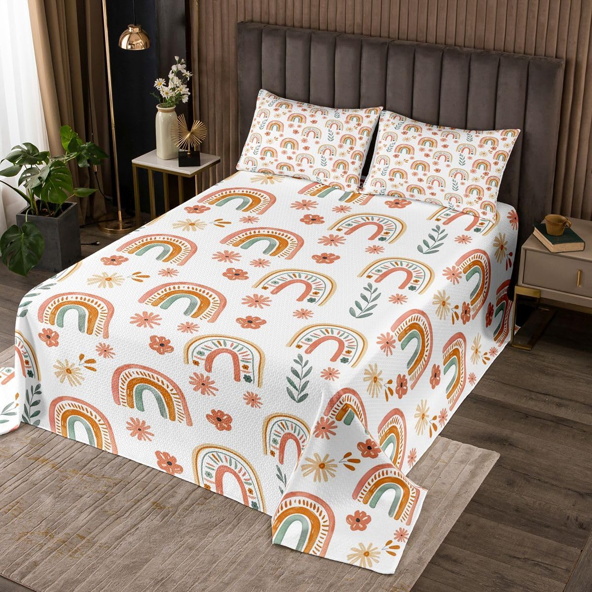 Castle Fairy Pink Rainbow Bedspread Twin Size,Lovely Heart Love Print Bedding Sets 2Pcs for Kids Girls Boys Room Decor,Kawaii Girly Rainbow Comforter Set Sweet Dreamy Quilt Coverlet,1 Pillowcase
