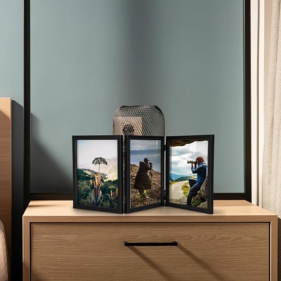 Sintuff 8 x 10 Picture Frames Hinged Fold Photos Frame Collage Vertical with Acrylic Opening Wood Desk Photo Rustic Multiple Desk Family Picture Collage Wedding Supplies(3 Fold Style,8x10inch,Black)