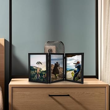 Sintuff 8 x 10 Picture Frames Hinged Fold Photos Frame Collage Vertical with Acrylic Opening Wood Desk Photo Rustic Multiple Desk Family Picture Collage Wedding Supplies(3 Fold Style,8x10inch,Black)