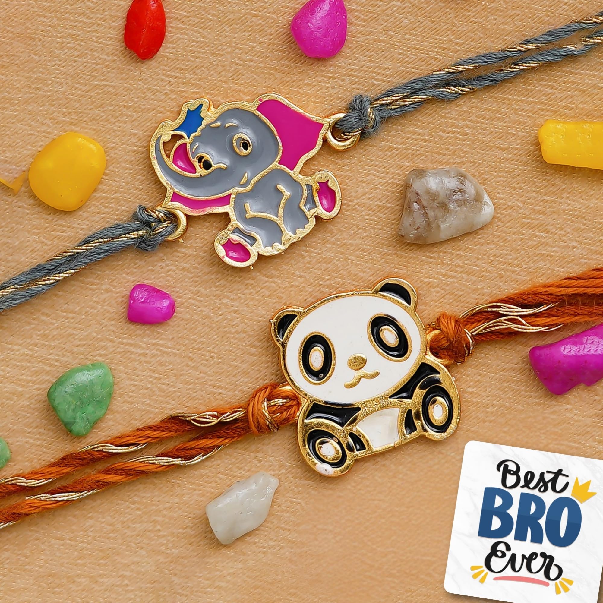 eCraftIndia Set of 2 Multicolor Panda and Elephant Kids Rakhis, Best Bro Ever Fridge Magnet with Roli Chawal Pack - Rakhis for Brothers-image-45
