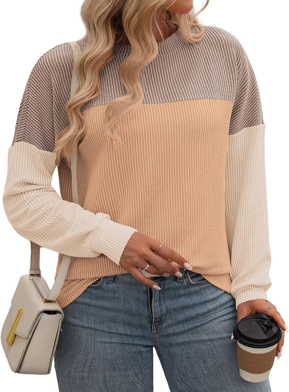 DOLNINE Plus-Size-Tops-for-Women Fall Casual Long Sleeve Shirts Oversized Color Block Crewneck Sweatshirts Ribbed Knit Tunic - Image 3