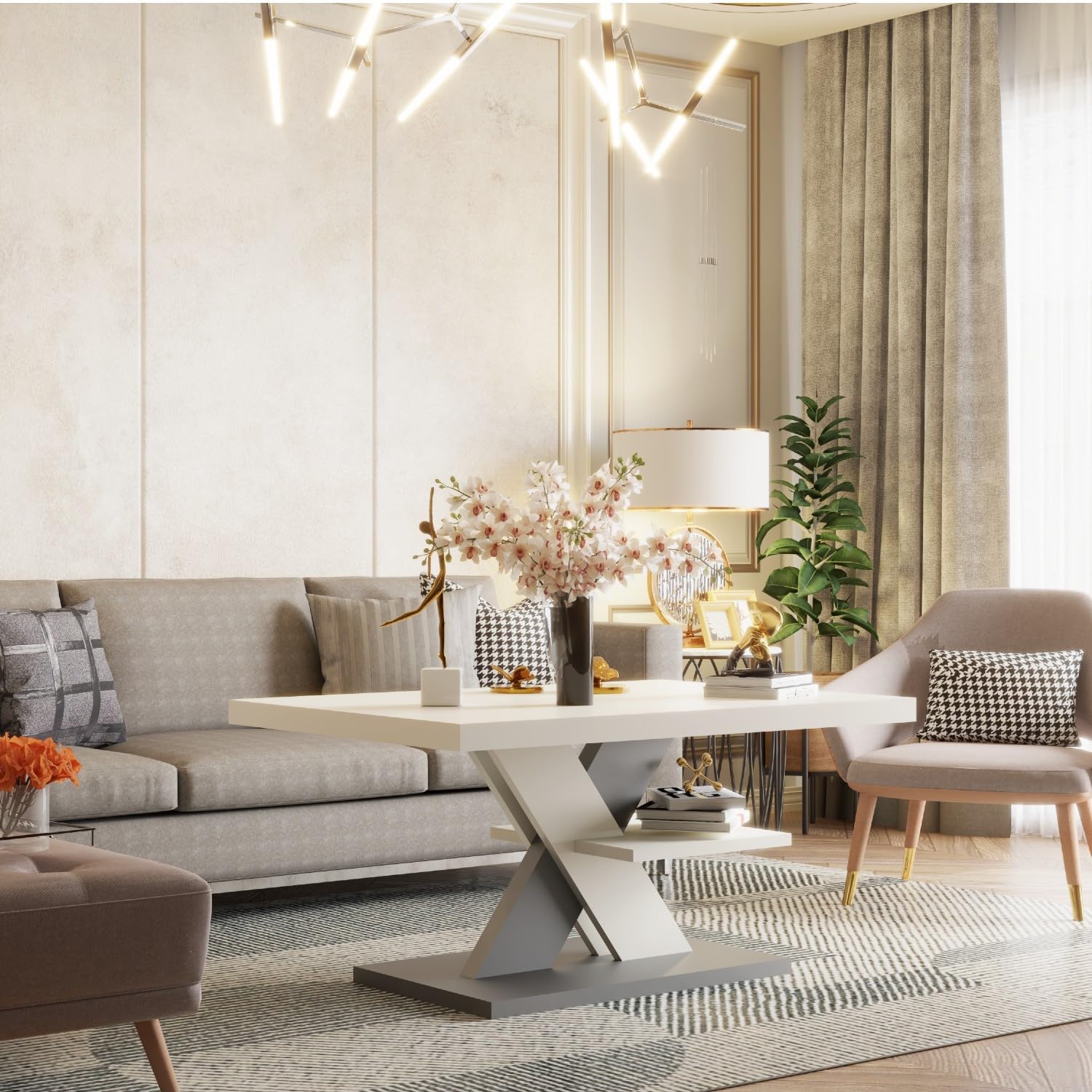 Viosimc Tavolino da Salotto Moderno Bianco e Grigio con Ripiano Tavolo Soggiorno Elegante, Complemento Arredo Contemporaneo 90x60x45 cm
