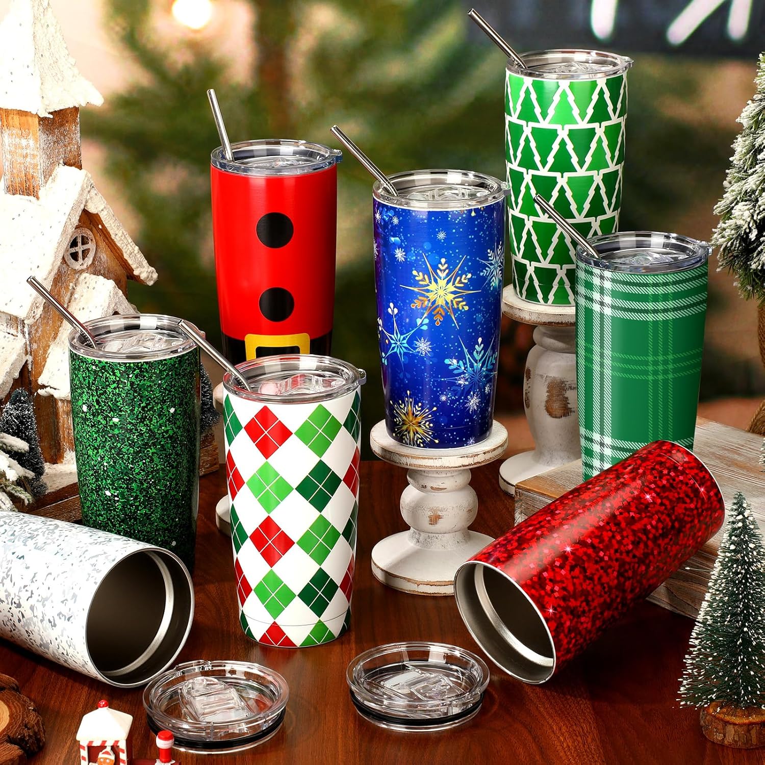 12 Pcs Christmas Tumblers Gifts 20oz Christmas Travel Tumbler Cup Holiday Stainless Steel Insulated Tumbler Coffee Mug with Lid Straw for Xmas Birthday Gift Party Supplies (Plaid Style) - Image 7