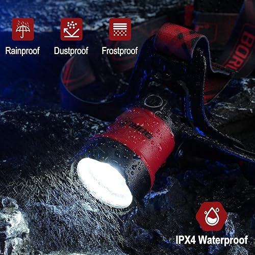 Miniatura 5 de BORUIT Linterna frontal recargable LED B13, súper brillante 90 ajustable 4 modos, IPX4 impermeable, faros de batería para adultos y niños, al aire