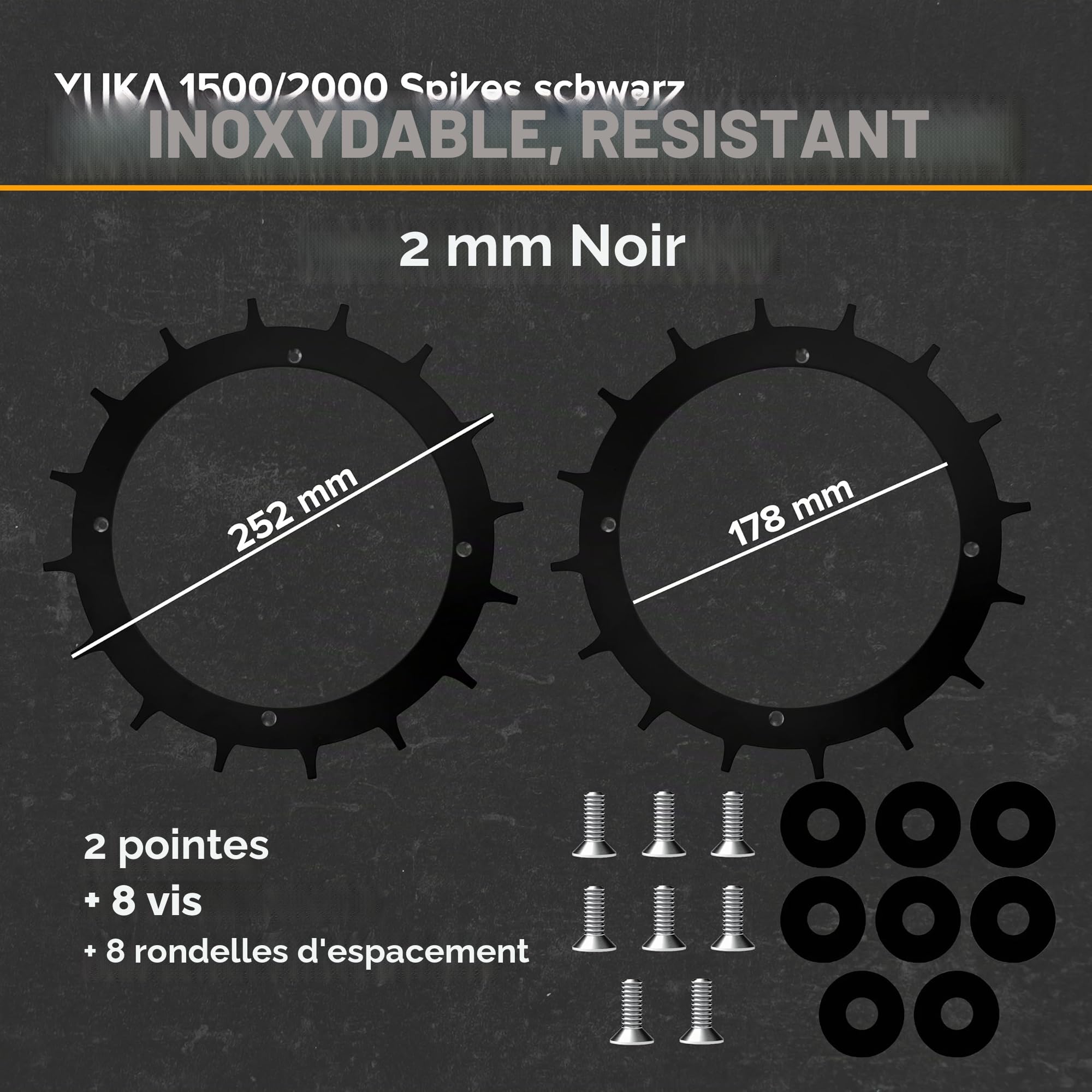 Spikes pour Mammotion Yuka 1000/1500/2000/3000 - Acier inoxydable anodisé noir - Vis encastrées - Protection antidérapante pour robot tondeuse - 8 vis et disques d'espacement - Aide à la
