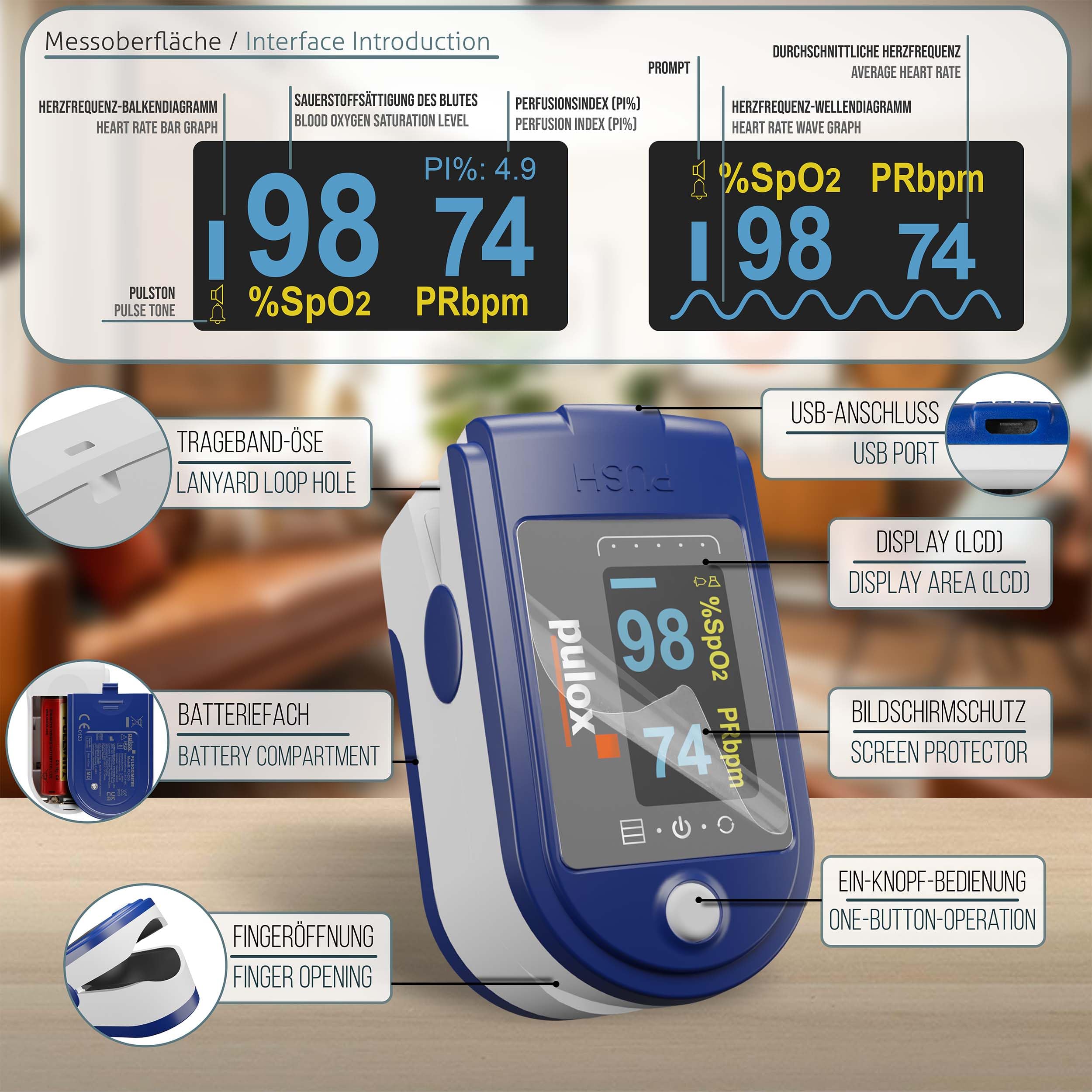 Pulox PO-250 Pulsoximeter mit LCD-Farbdisplay, Alarm & Software | Inklusive Batterien zur mobilen Messwertkontrolle, Datenauswertung bequem per PC-Anwendung möglich