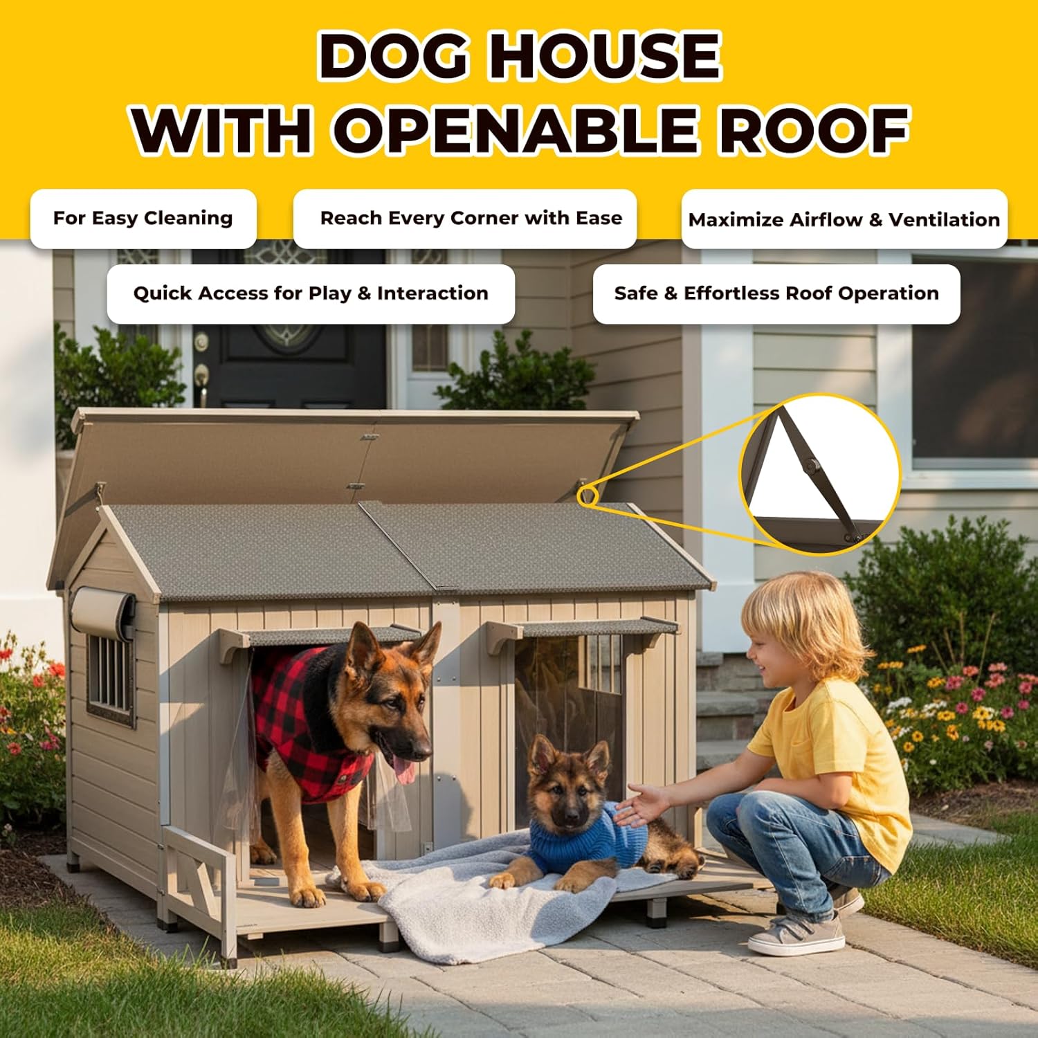 59" Large Dog House for 2 Dogs XL Wooden Dogs House Outdoor with Weatherproof Openable Roof, Window, All-Around Iron Frame, Removable Floor, Large Balcony