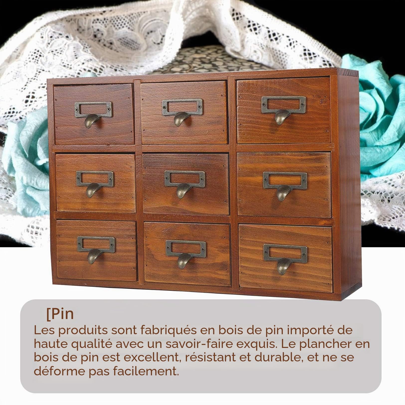 Tiroir vintage boîte de rangement en bois organisateur d'armoire apothicaire avec poignée en pin solide pour bijoux et maquillage (conception de poignée bois de pin solide et dura)