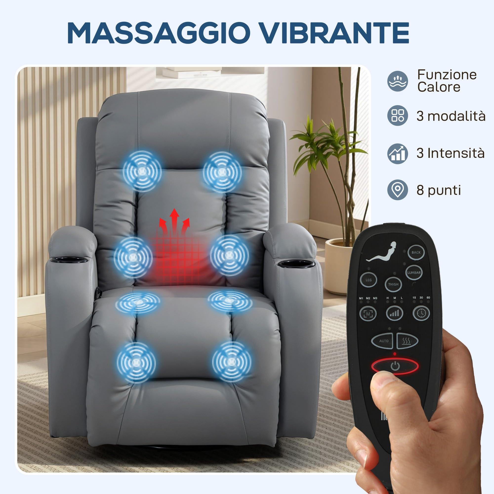 HOMCOM Poltrona Massaggiante Reclinabile Manuale Riscaldante Grigio Chiaro