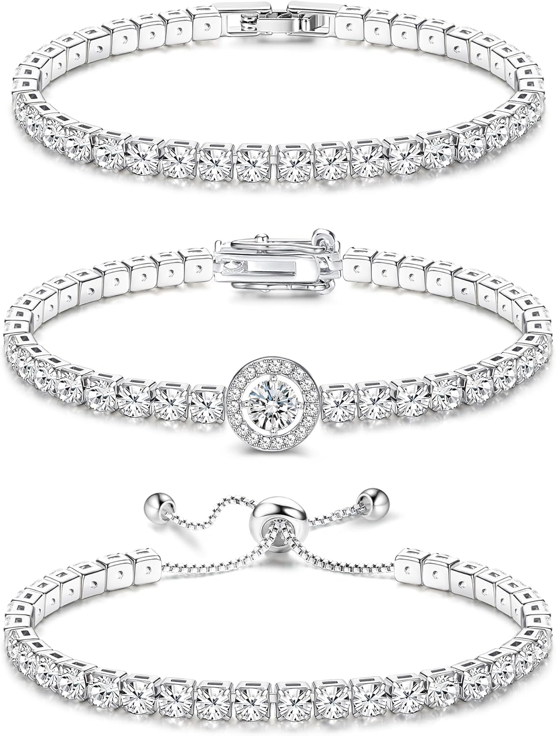 YADOCA Tennis Bracelets For Women - Silver Plated Bracelet Stack Cubic Zirconia CZ Diamond Adjustable Stackable Bracelets Set For Prom Wedding Jewelry Gift 3Pcs