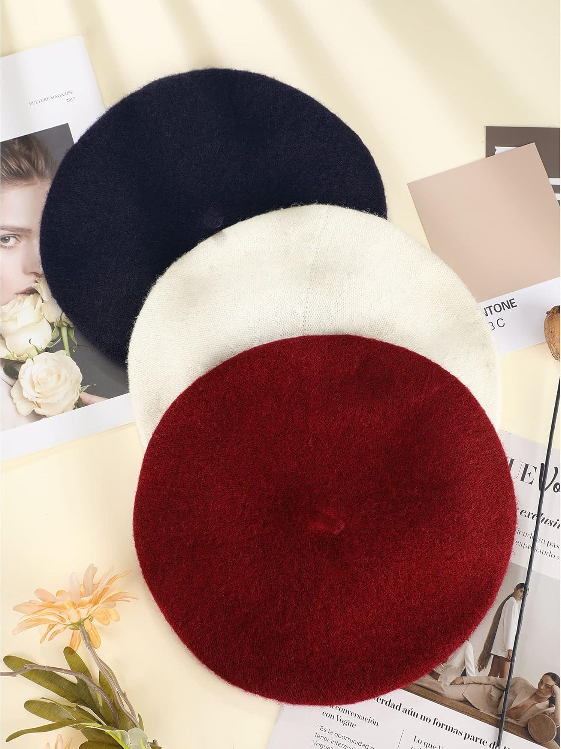 3 Pieces Wool Beret Hat French Style Wool Beanie Cap Solid Color Winter Hat for Women and Girls Casual Use - Image 7