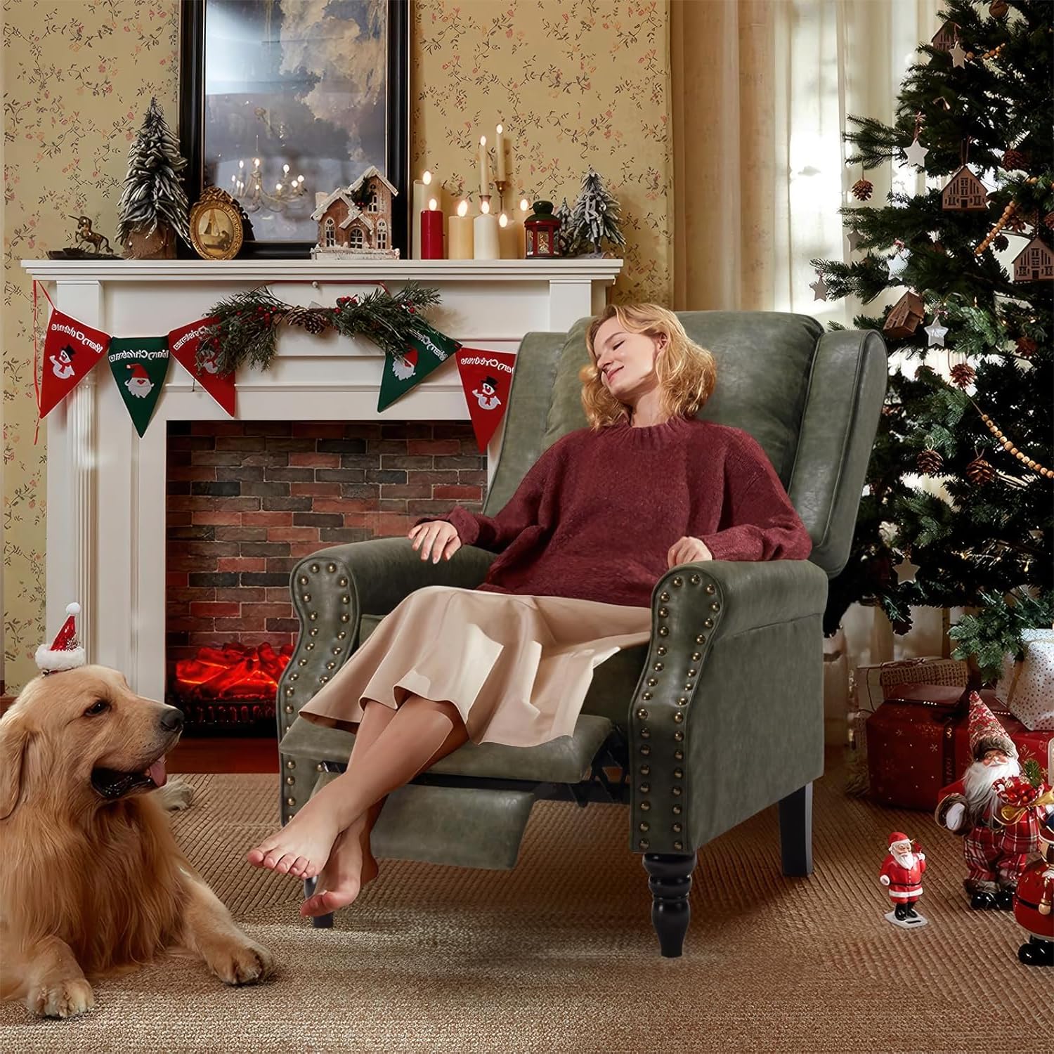 Leather Recliner Chair, Pushback Recliner Chair with Adjustable Backrest Footrest, Mid Modern Reclining with Overstuffed Arms Lumbar Support for Reading, Living Room, Dark Green