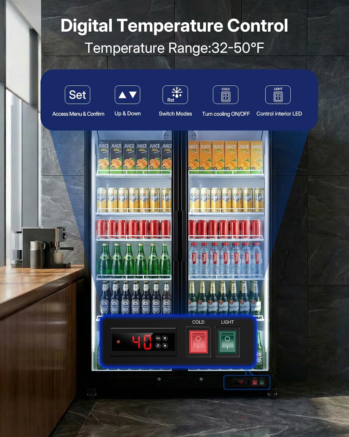 Upstreman Commercial Beverage Refrigerator, 27.1 Cu.Ft Glass Door Display Refrigerator with Soft LED Light and Adjustable Shelves, Merchandiser Cooler for Restaurant, Cafe, Bar, Office
