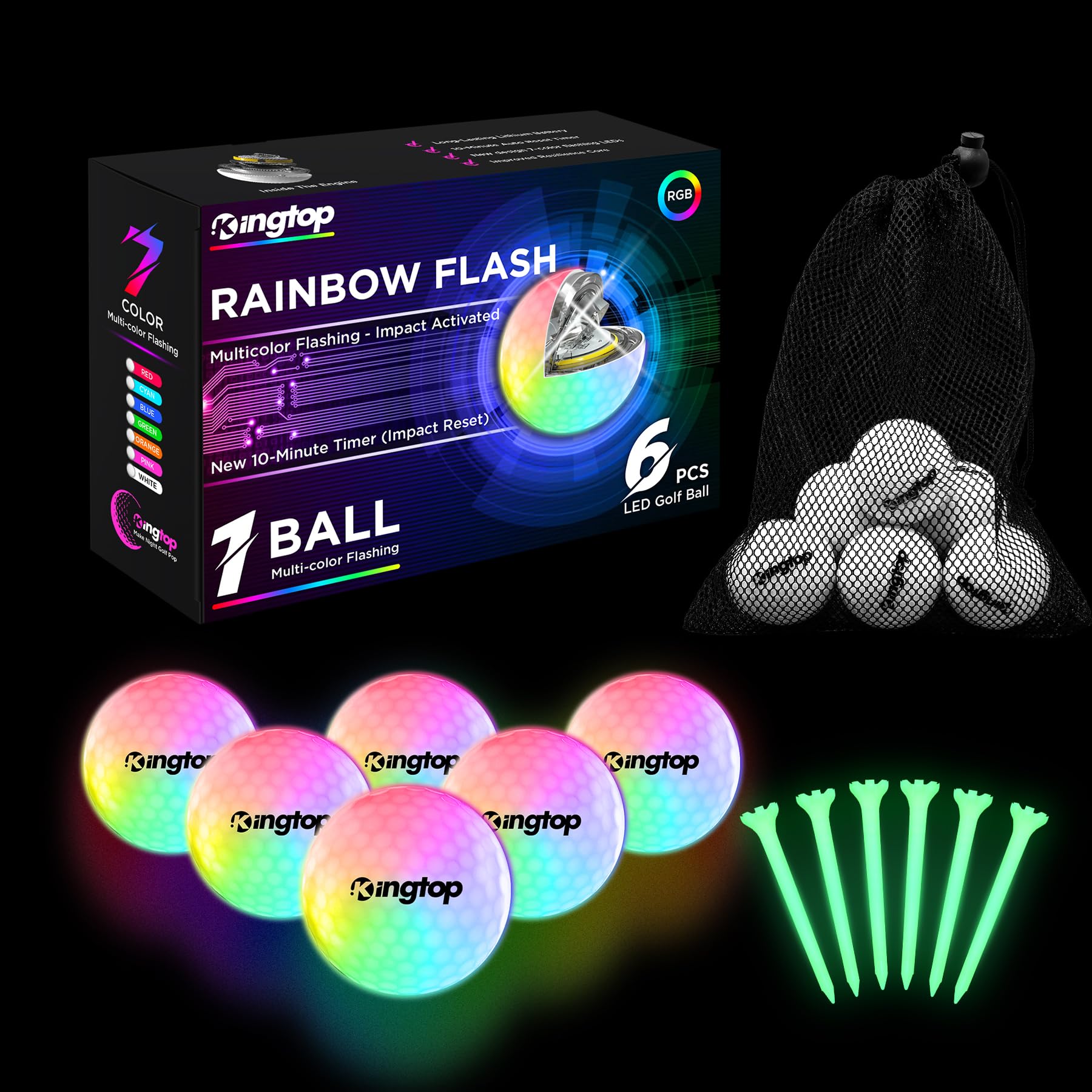 KINGTOP Multicolor Flashing LED Golf Balls with Glow Tees, 6 Pack