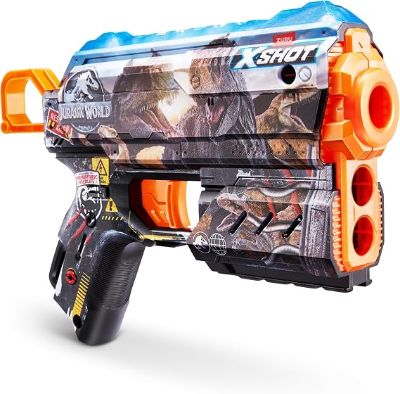 XSHOT Skins Flux Blaster - Jurassic World Skins (2PK) by ZURU Jurrasic World Skin Design with 16 Darts, Easy Reload, Air Pocket Dart Technology, Toy Foam Blaster for Kids, Teens and Adults