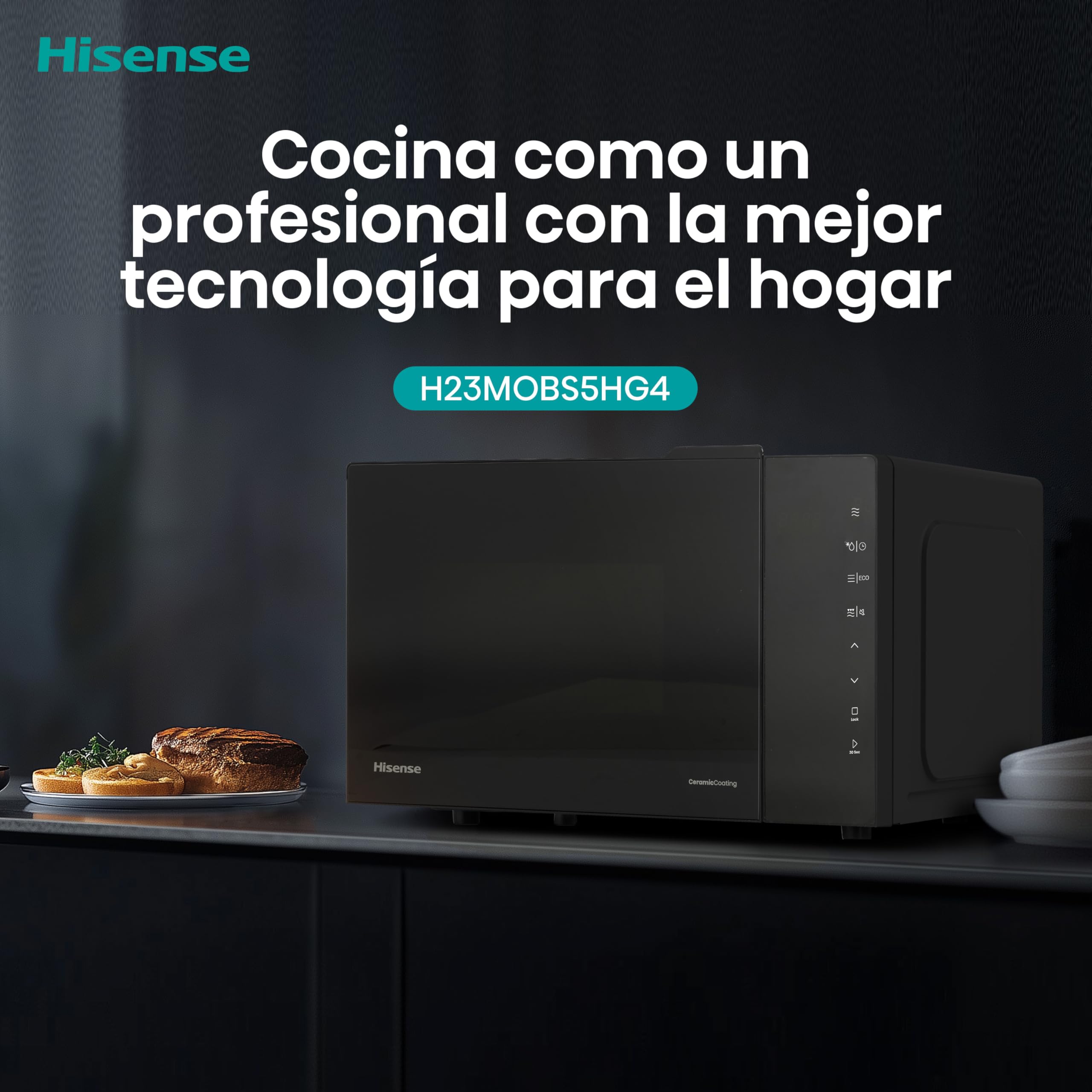 Hisense H23MOBS5HG4 - Microondas Digital con Grill 23 Litros, 1000W, Revestimiento Cerámico, Cristal Premium, Modo ECO, Descongelación programada, 10 Niveles de Potencia, Fácil Limpieza