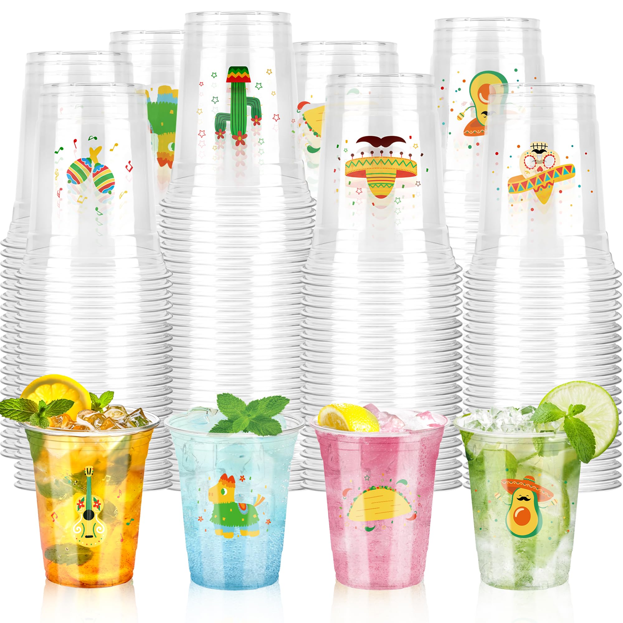 100 Pcs Mexican Fiesta Cups, 12 oz Fiesta Plastic Cups Clear Disposable Party Drinkware Decorations for Taco Birthday Party Supplies, 4 Styles