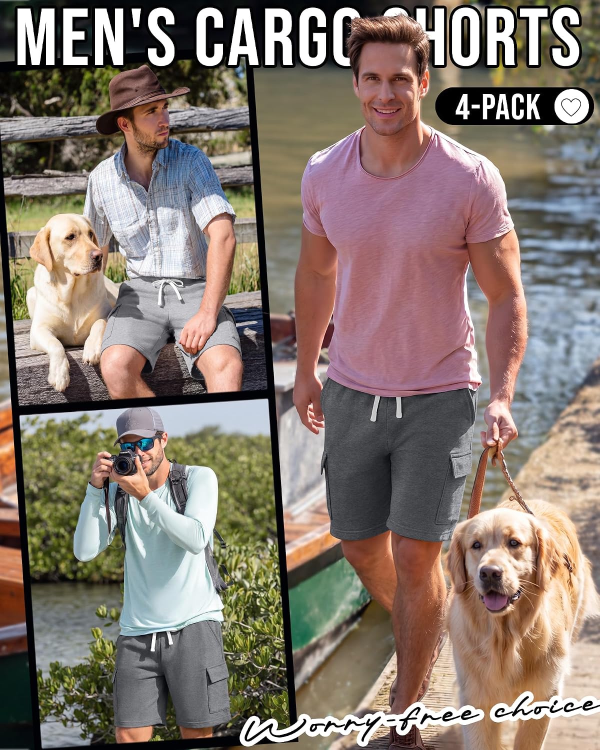 Ficerd 4 Pack Men's Cargo Shorts Elastic Waist Drawstring Loose Fit Casual Athletic Summer Shorts with Pockets (