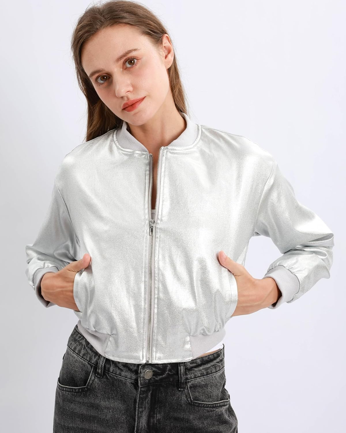 Xintianji Womens Matte Glossy Faux Leather Bomber Jacket- Zip Up Side Pocket Long Sleeve Windbreaker Cropped Flight Jacket - Image 2