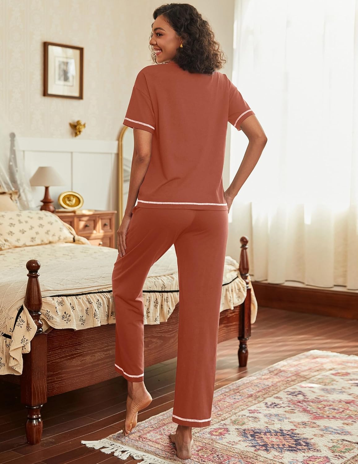 Ekouaer Cotton Pajamas Sets for Women 2 Piece Button Down Short Sleeve Pj Set with Long Pants Lounge Set Soft Sleepwear S-XXL - Image 2