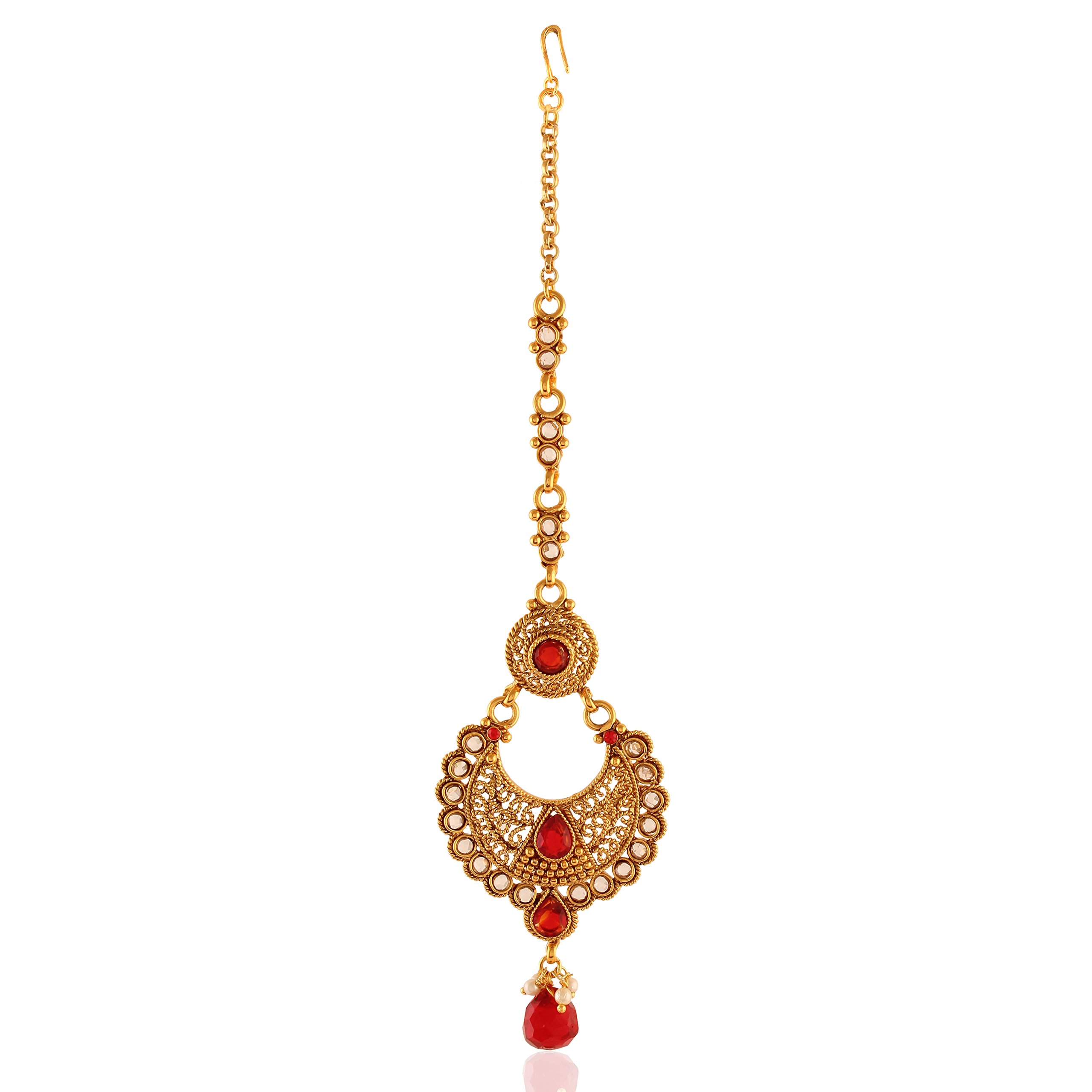 Accessher traditional Antique American Diamond Bindiya Style Brass Ethnic Maang Tika (Red AD Antique Maang tika) for women and girls pack of 1 (B015QYR68I) Amazon Price History, Amazon Price Tracker