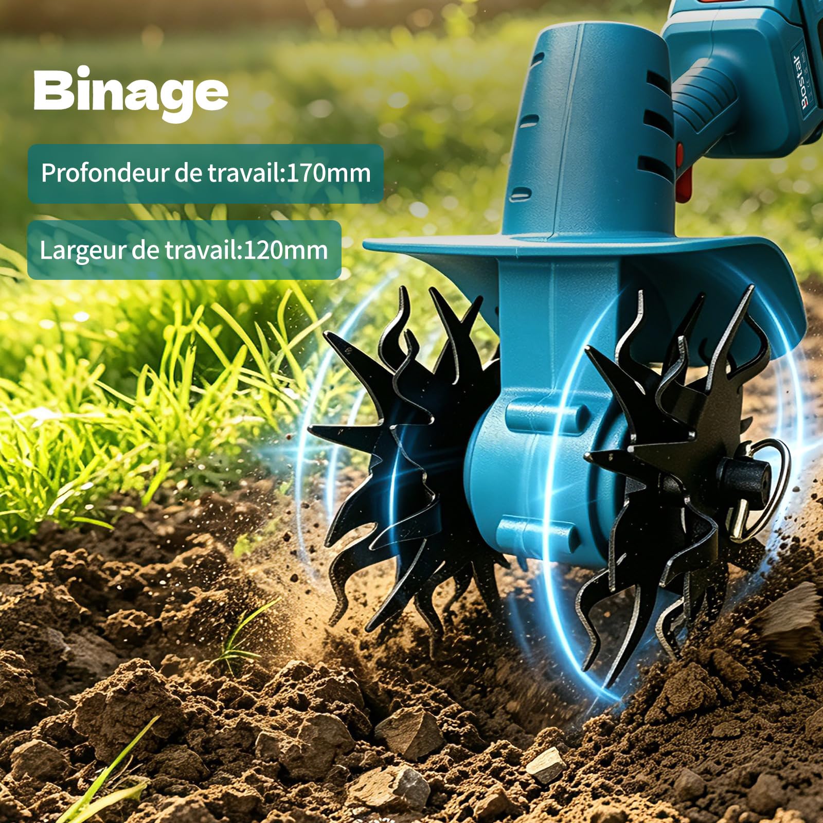 Bostar Motobineuse Électrique, Compatible avec Makita 18V Batterie Motocultor sans Fil, Bineuse Rotative 1,78kg avec Écran Numérique, 4 Lames Ø160mm, Profondeur 17cm, avec 2 Batteries 2000mAh