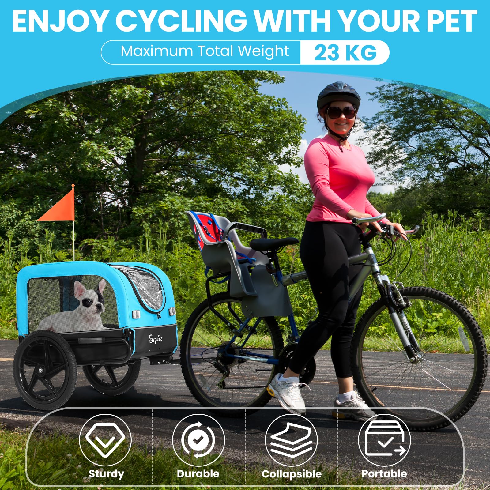 Remolque plegable para bicicleta para perros pequeños y medianos, 23 kg, con ruedas de cierre rápido, ideal para paseos en bicicleta y actividades al aire libre, color azul