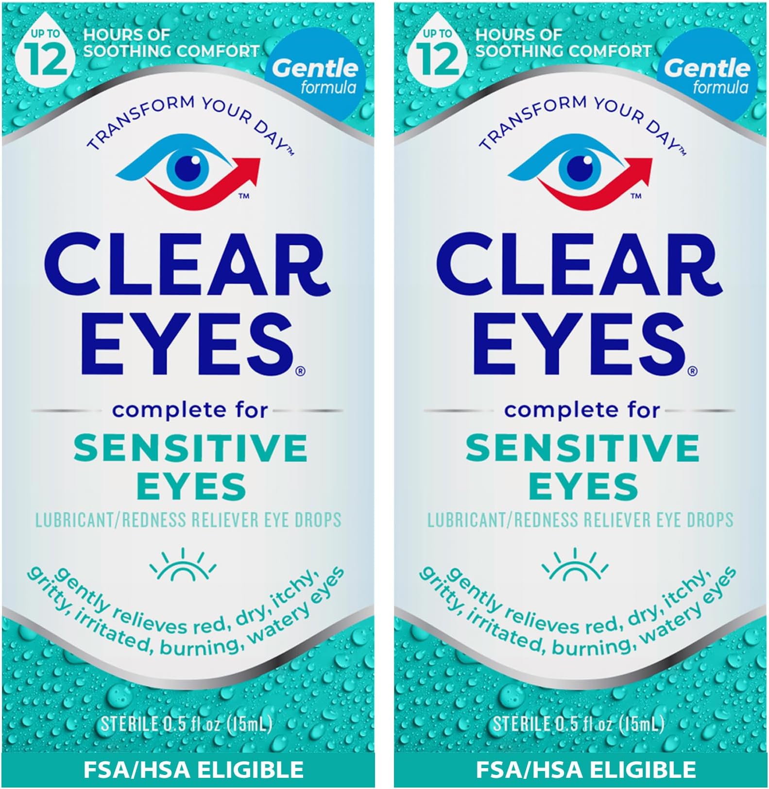 Clear Eyes Sensitive Eyes Eye Drops – Gentle Relief for Red, Itchy, Dry Eyes, 12 Hours of Soothing Comfort, 0.5 Fl Oz, Pack of 2