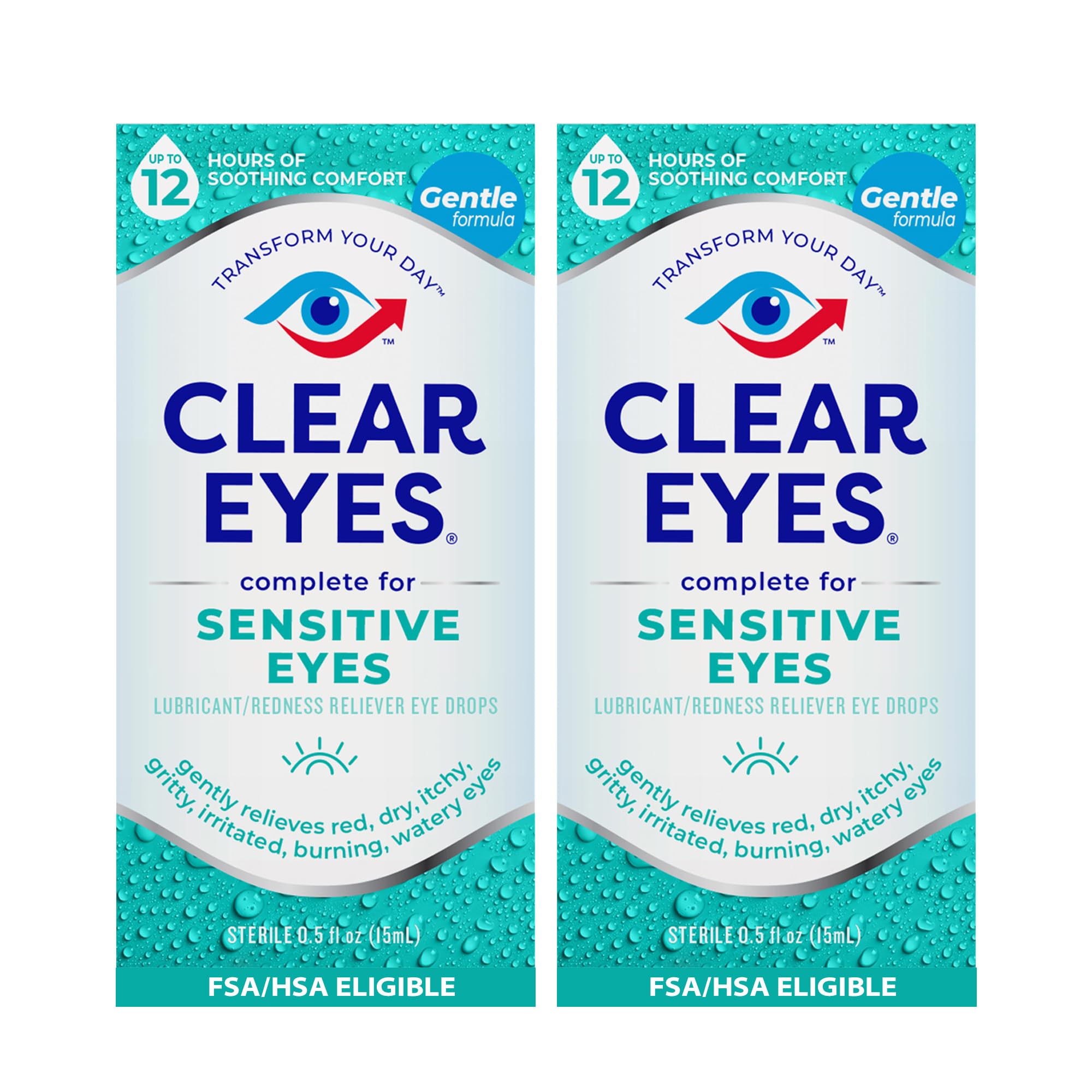 Clear Eyes Sensitive Eyes Eye Drops – Gentle Relief for Red, Itchy, Dry Eyes, 12 Hours of Soothing Comfort, 0.5 Fl Oz, Pack of 2