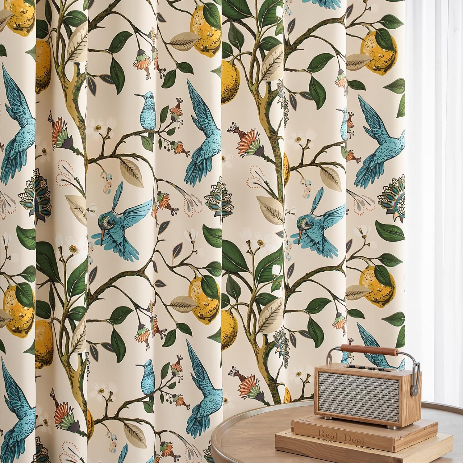 Beige Floral Pinch Pleat Curtains 102 Inches Long,Extra Long Lemon & Hummingbird Blackout Drapes for High Ceilings Living Room Bedroom Farmhouse, 2 Panels