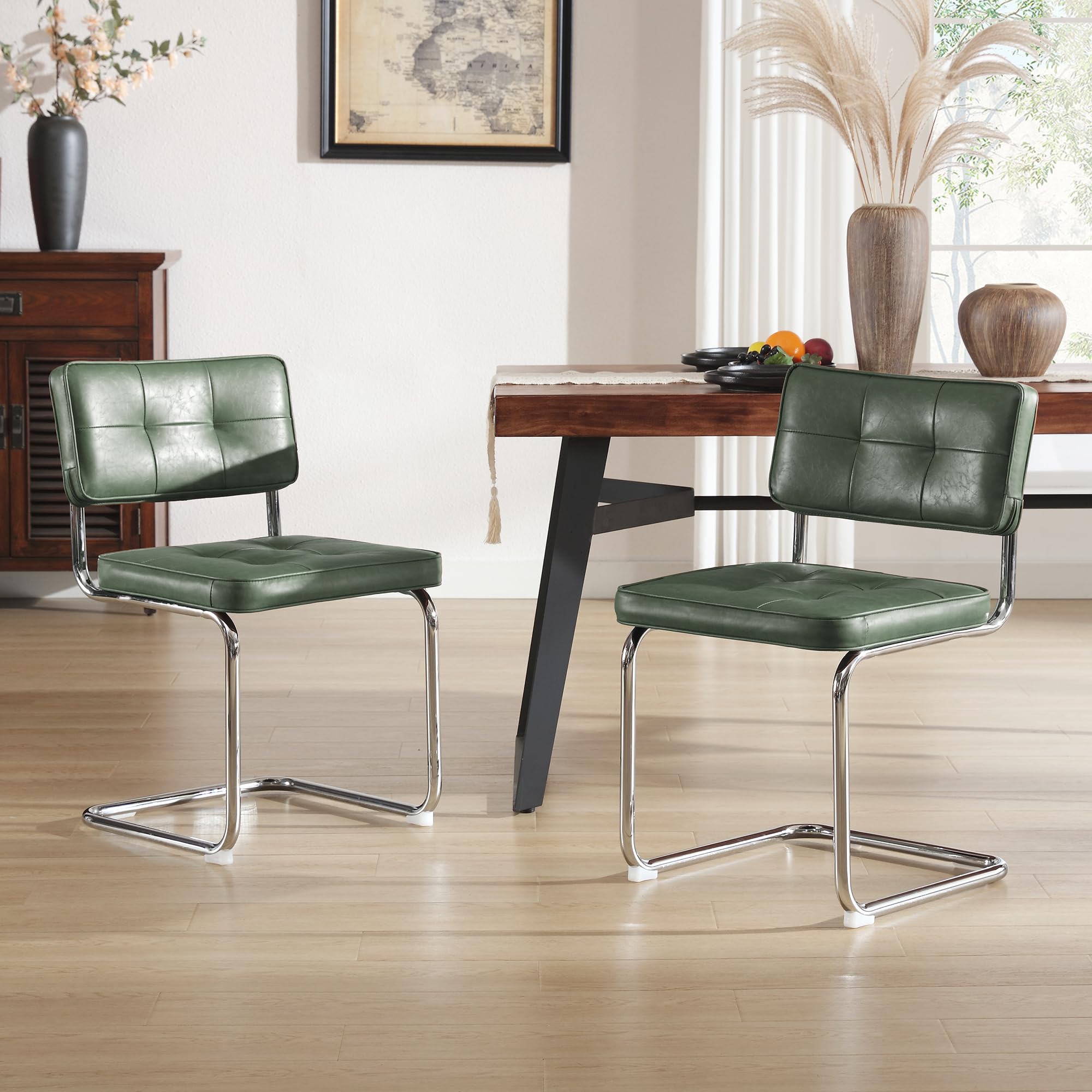 Zesthouse Cantilever Dining Chairs Set of 2, Mid-Century Modern Upholstered Kitchen Chairs, Faux Leather Tufted Metal Frame Accent Chair for Home Office, Chrome Leg, Green โ image 1