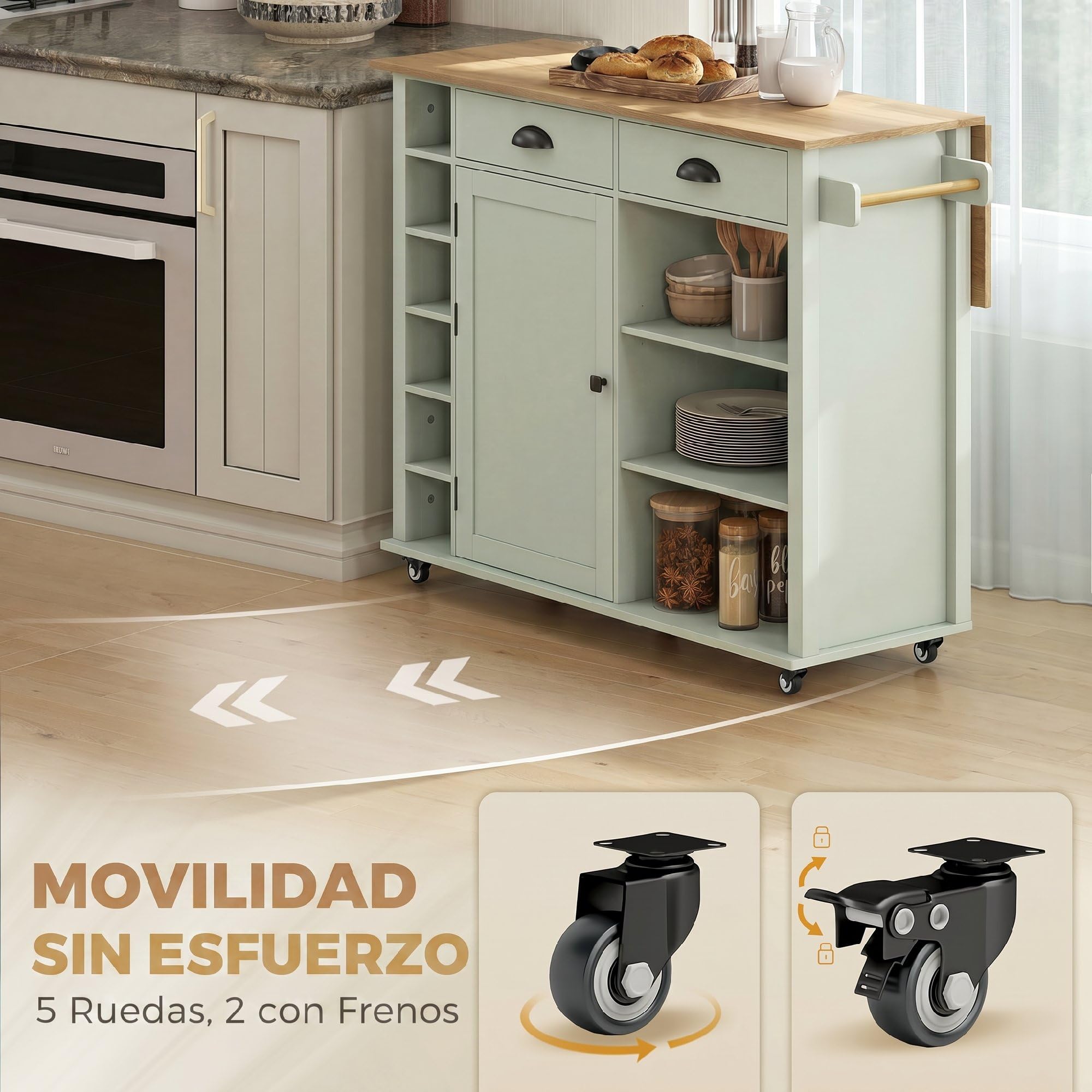 HOMCOM Isla de Cocina con Tablero Plegable y Ruedas, Carrito de Cocina con Estantes en la Puerta, Toallero, Armario, 2 Cajones, Estantes Abiertos, 117,5x70x91 cm, Verde Claro