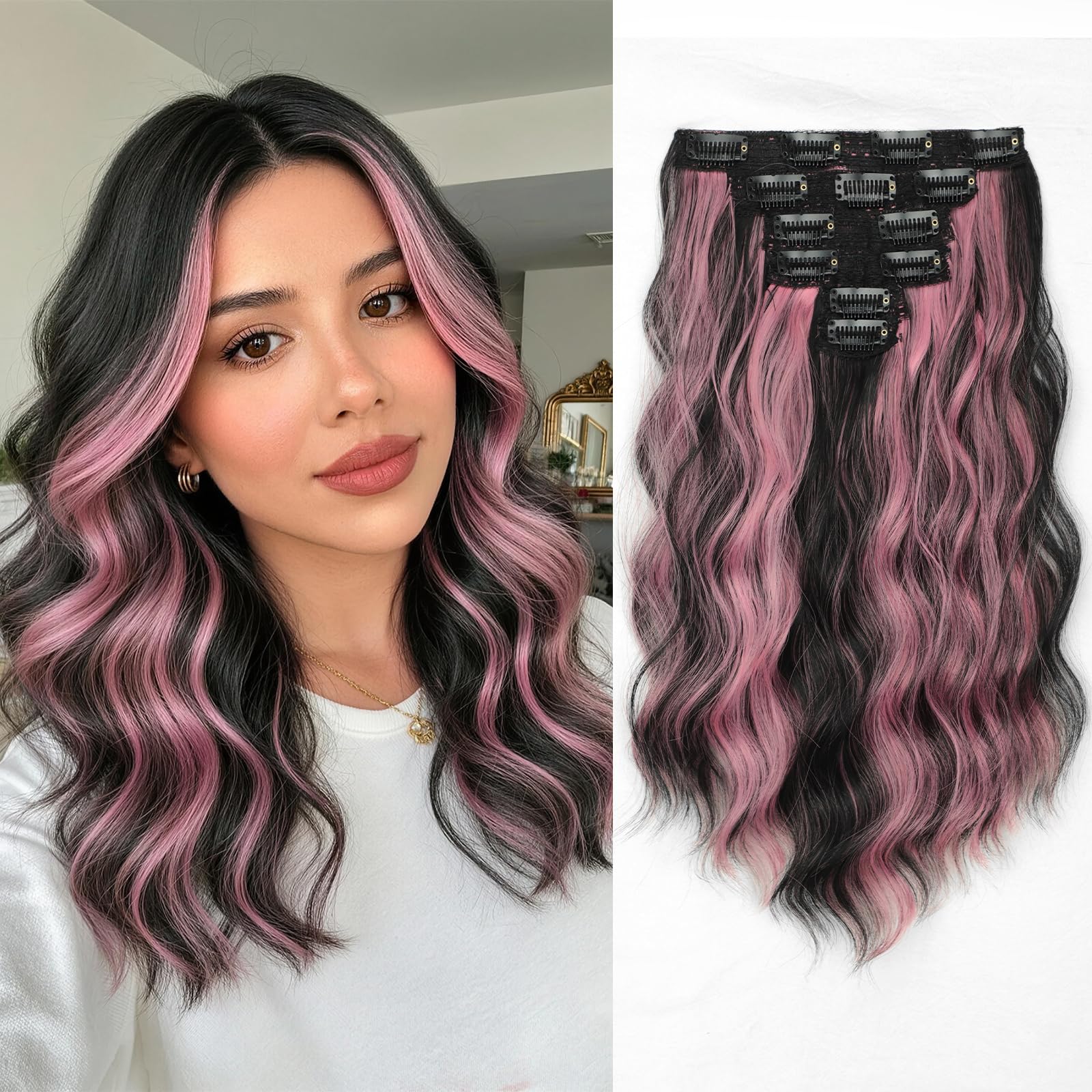 Photo 1 of **DIFEREBT COLOR**KooKaStyle Short Hair Extensions 6PCS 14 Inch Wavy Curly Hairpieces Synthetic Soft Lace Weft Clip in Hair Extensions-Black with Dusty Rose Pink Highlights for Women