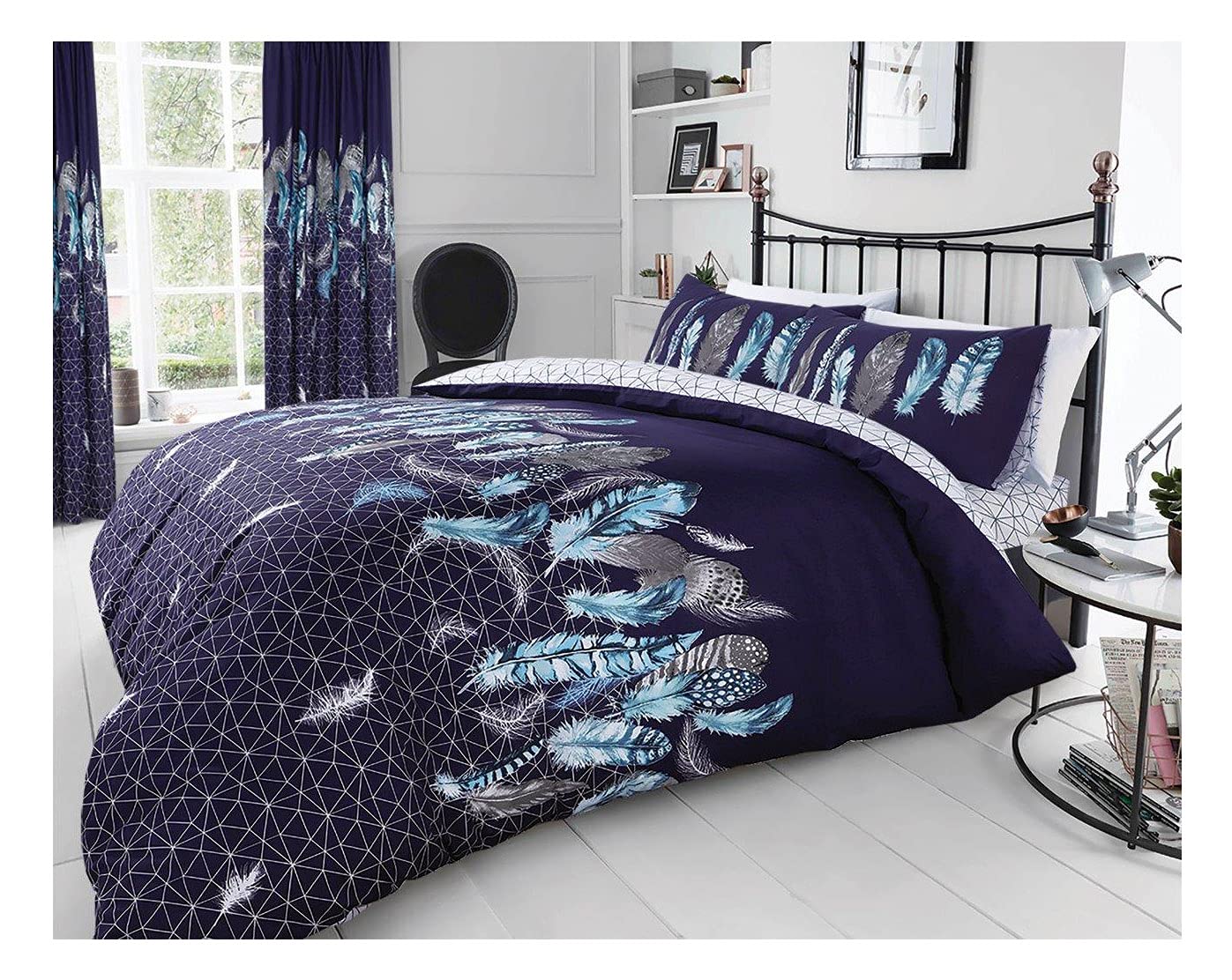 FAIRWAYUK FAIRWAUK Feathers Bedding Bed Set - Double Duvet Cover with Matching Pillowcase, Ultra Soft Reversible Easy Care Quilt Covers, Poly Cotton, Navy Blue 200x200cm