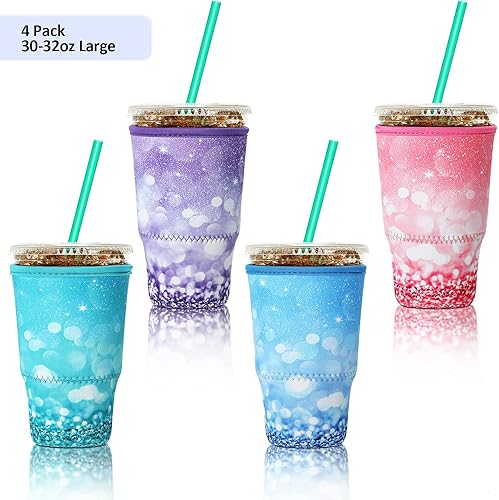 Vista 45 de Patelai Funda aislante reutilizable para café helado, 4 piezas, para bebidas frías, bebidas y soporte para la mayoría de los cafés