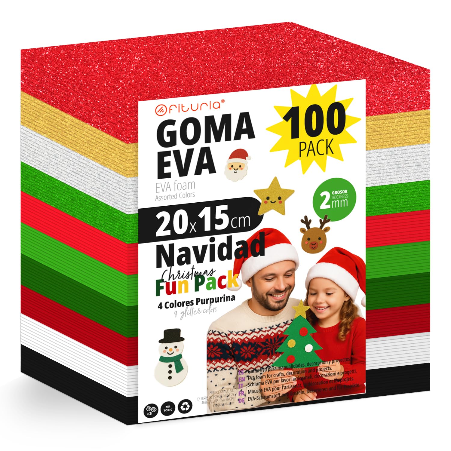 OFITURIA Pack of 100 EVA Rubber Sheets Christmas Colours 20 x 15 cm 10 Assorted Colours for School or Professional Use, EVA Rubber (Christmas Assortment)