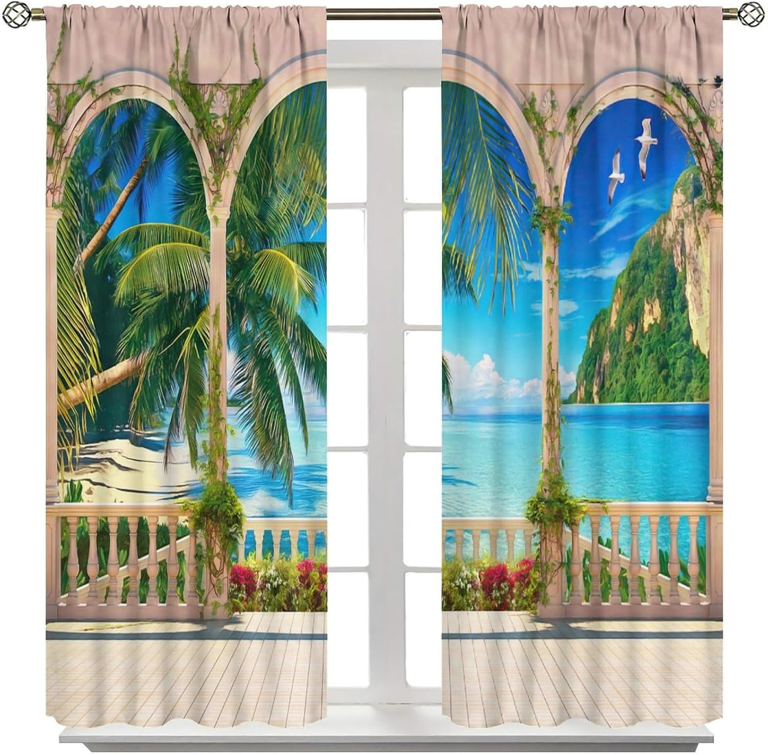Natural Ocean View Curtains, Summer Ocean Green Palm Tree Seagull Animal Decoration, Bedroom Living Room Blackout Curtains42X54 Inch