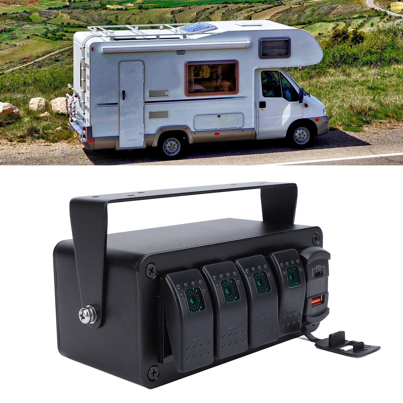 4-krotny Wodoodporny Panel Przełączników Kołyskowych ze Stopu Aluminium do Samochodów Ciężarowych, łodzi RV, z ładowarką USB PD QC3.0, Uniwersalny Pasuje do UTV ATV, 12 V 24 V DC (Zielone