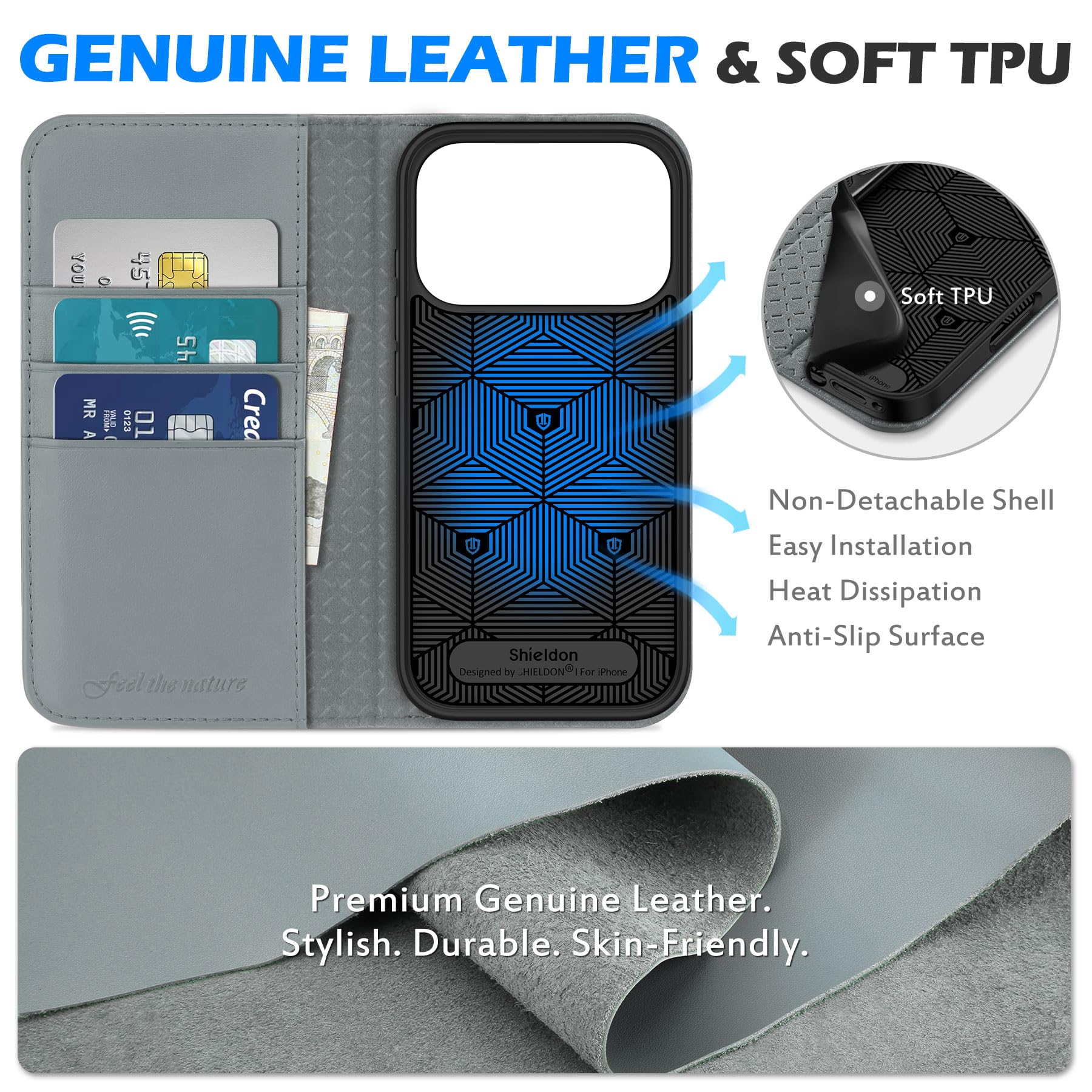 SHIELDON Hoesje voor iPhone 17 Pro Max 5G, [Kaartenvak] [Standfunctie] [RFID -blokker] TPU compatibel met iPhone 17 Pro Max 6,9 2025 - Retro Zwart