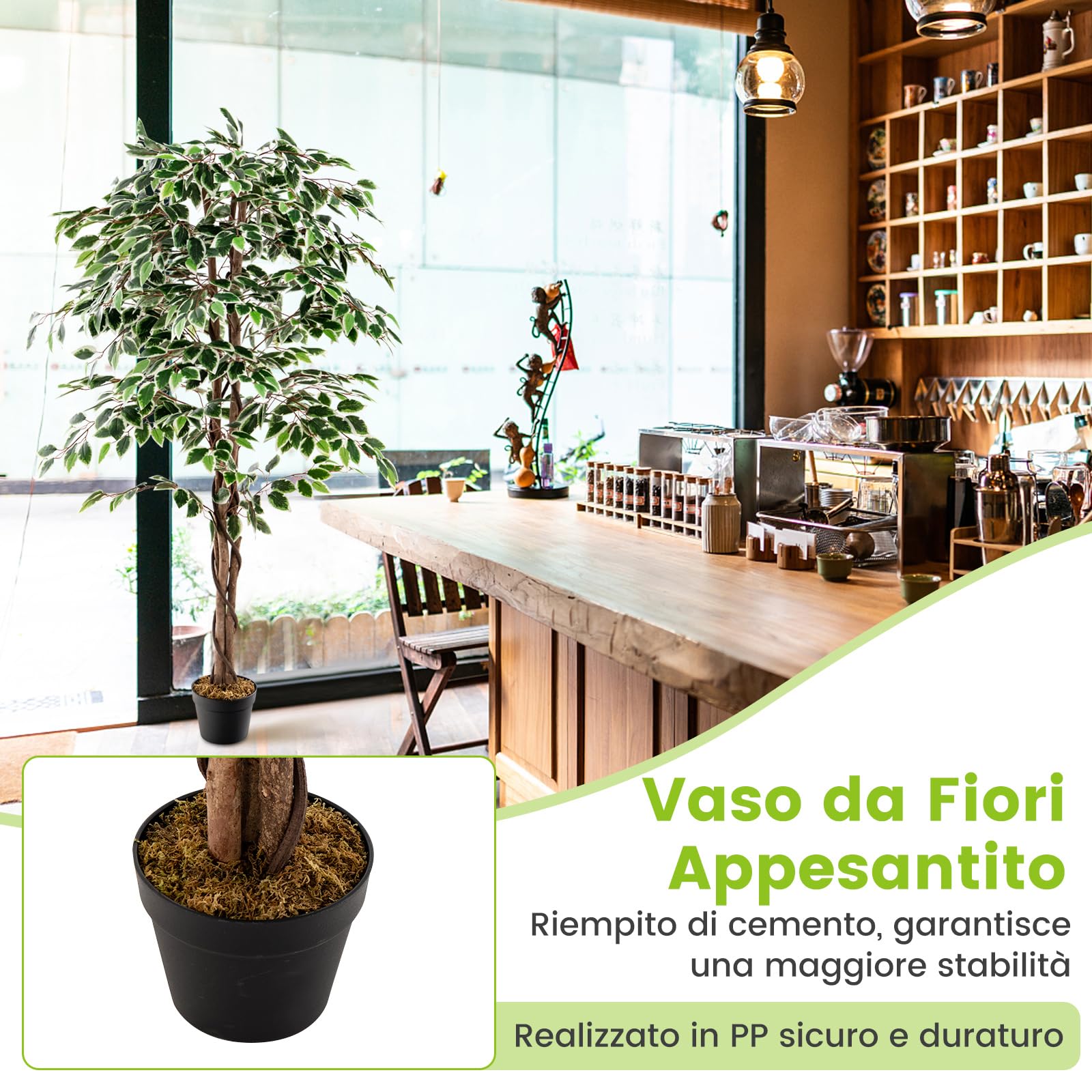 COSTWAY Albero di Fico Artificiale 160 CM, Pianta Finta da Interno con 1008 Foglie, Tronco Naturale in Legno, Vaso Robusto, Muschio Secco, Albero Finto per Casa, Ufficio, Soggiorno, Portico