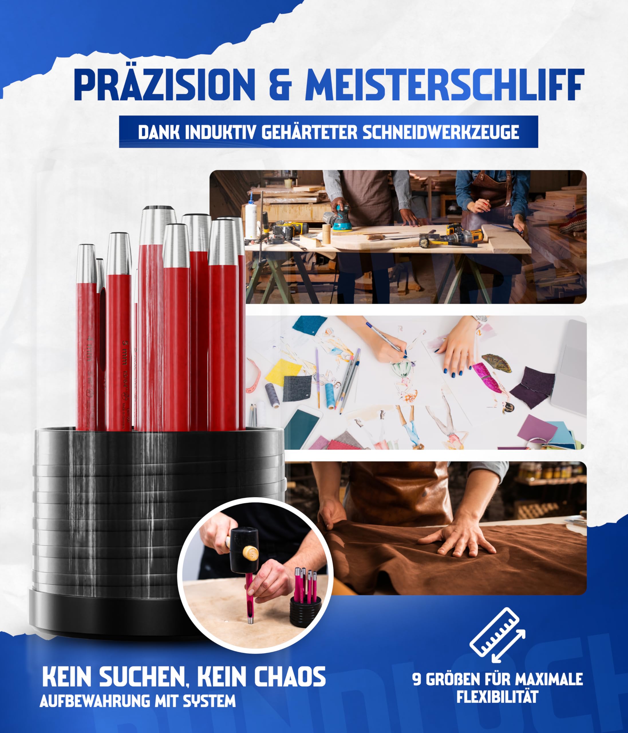 Paffrath® Rundlocheisen-Satz Rot (9-tlg.) - Hochwertiges Stanzwerkzeug für Pappe, Leder und mehr - Präzises Stanzen von 2-10mm in 1mm-Schritten - Ideal für Handwerker - Lochstanzer Set