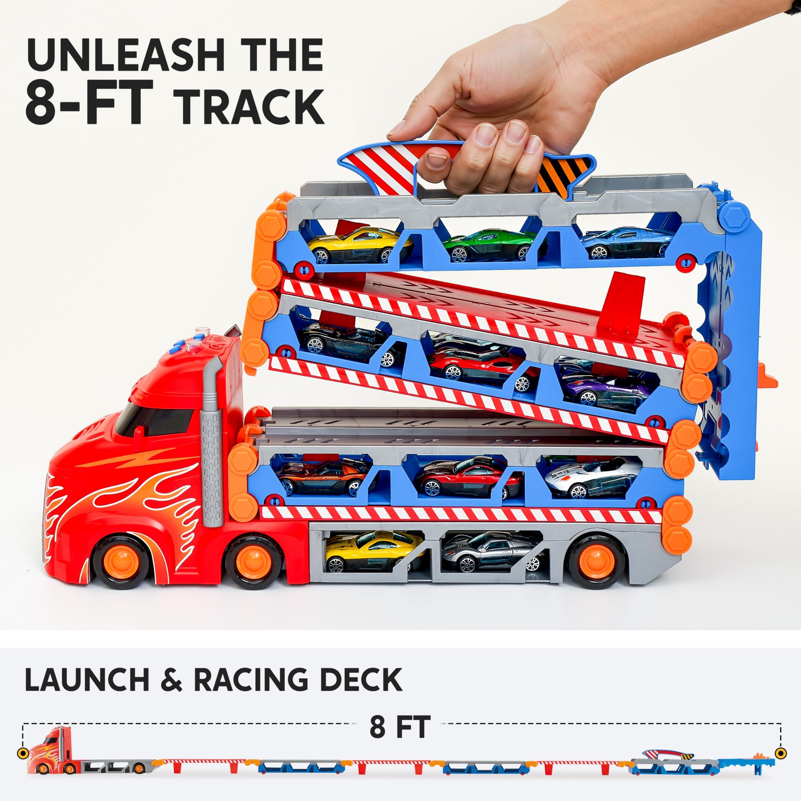 SYNCFUN Transport Race Truck Toy Cars, 2,4 m, gigantyczny tor wyścigowy, składana ciężarówka-transporter, 3-poziomowy zestaw z 12 samochodami, światłami i dźwiękami, prezent dla chłopców w wieku 3, 4