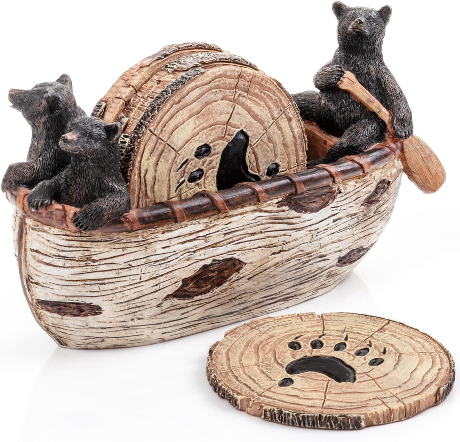 Bear Coasters Set - 3 Adorable Handmade Black Bear Figurines Paddling in Canoe With 6 Full Size 3.5-inch Rustic Coasters - Log Cabin and Home Decor